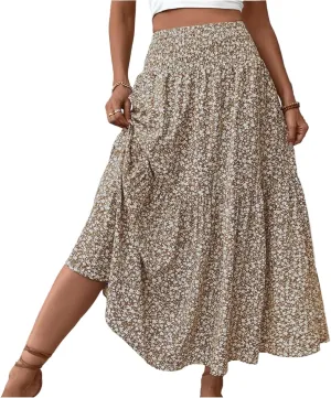 Women's Boho Skirts Summer Casual Loose Trendy Elastic Waist Floral Printed Bohemian Flowy A-Line Skirt 2025, S-XL