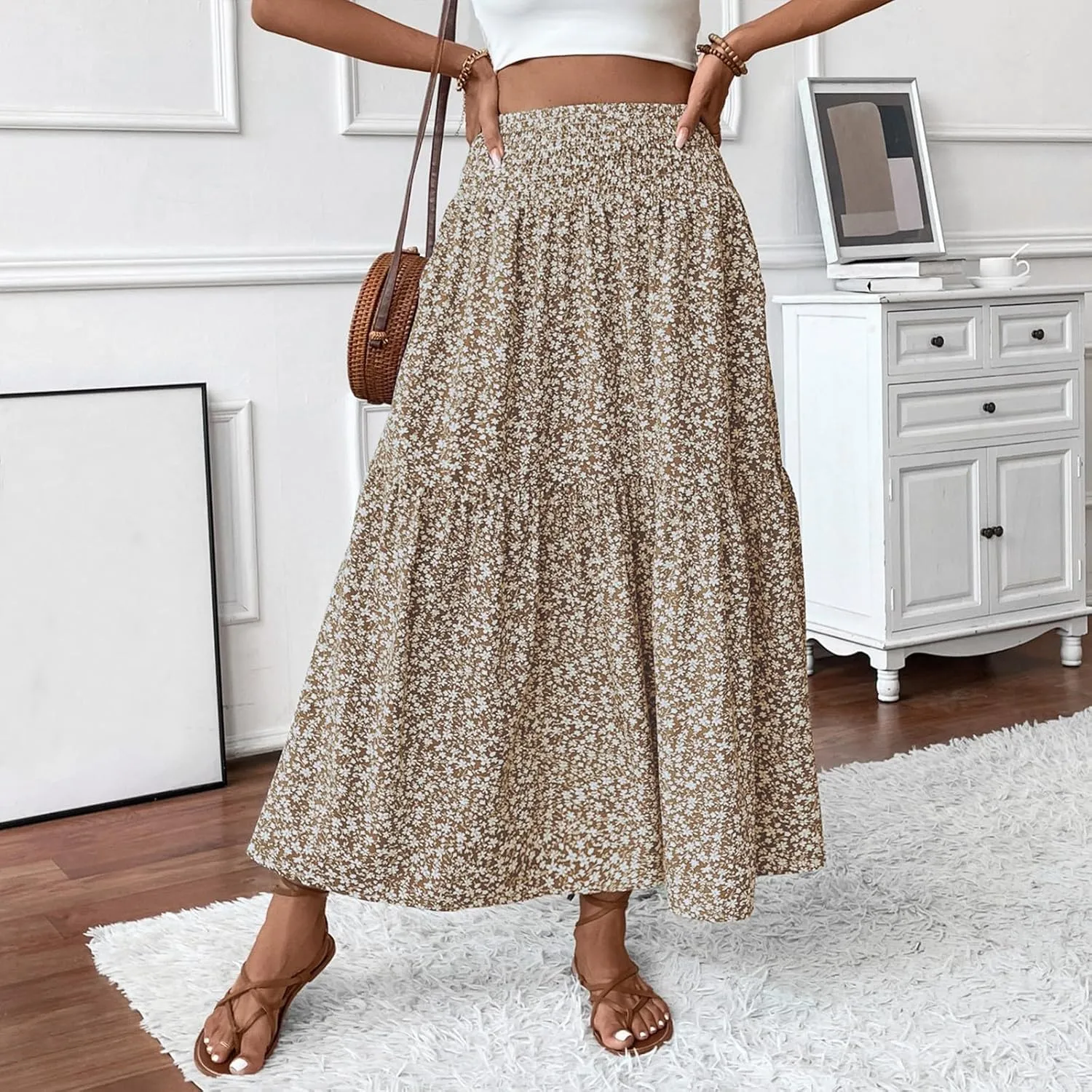 Women's Boho Skirts Summer Casual Loose Trendy Elastic Waist Floral Printed Bohemian Flowy A-Line Skirt 2025, S-XL