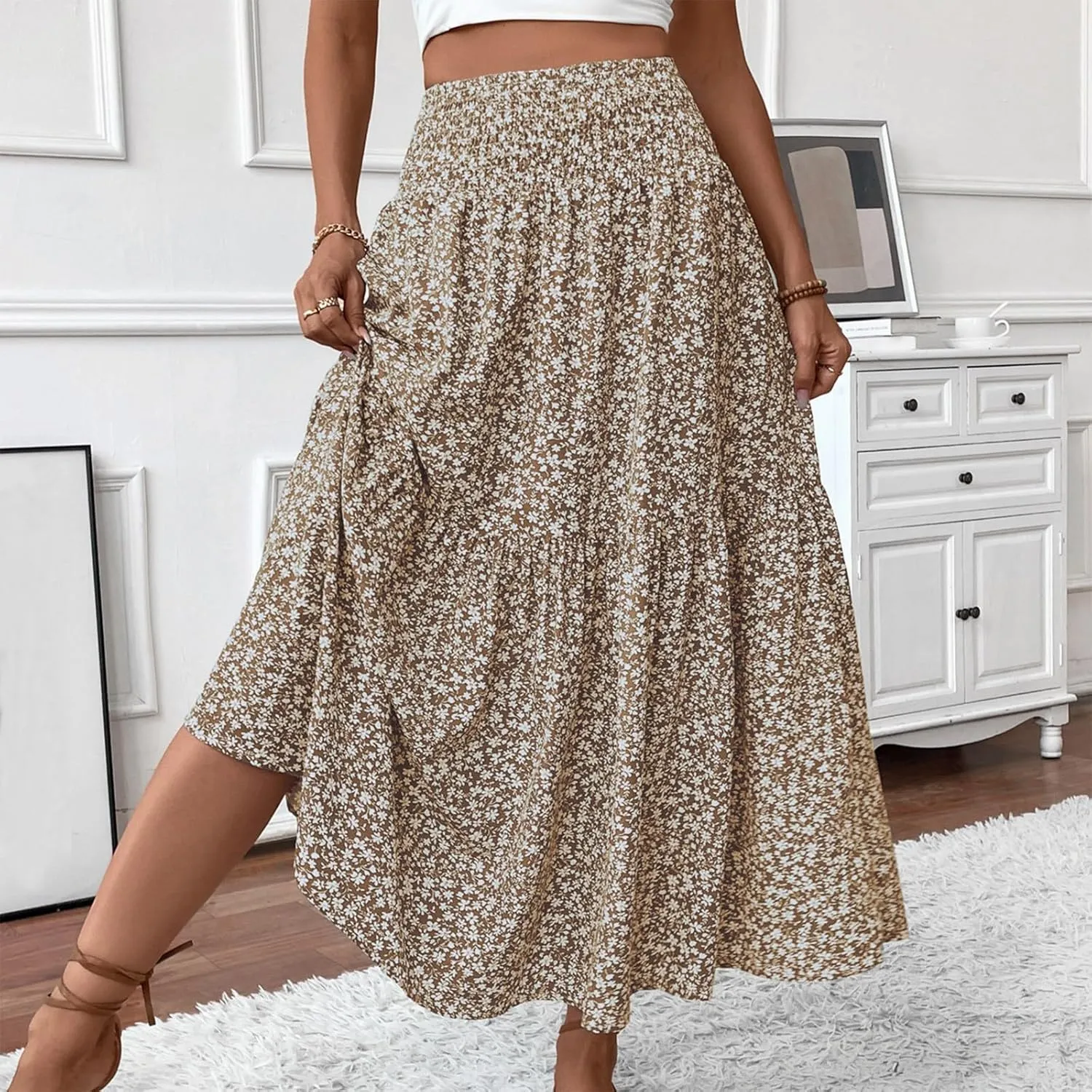 Women's Boho Skirts Summer Casual Loose Trendy Elastic Waist Floral Printed Bohemian Flowy A-Line Skirt 2025, S-XL
