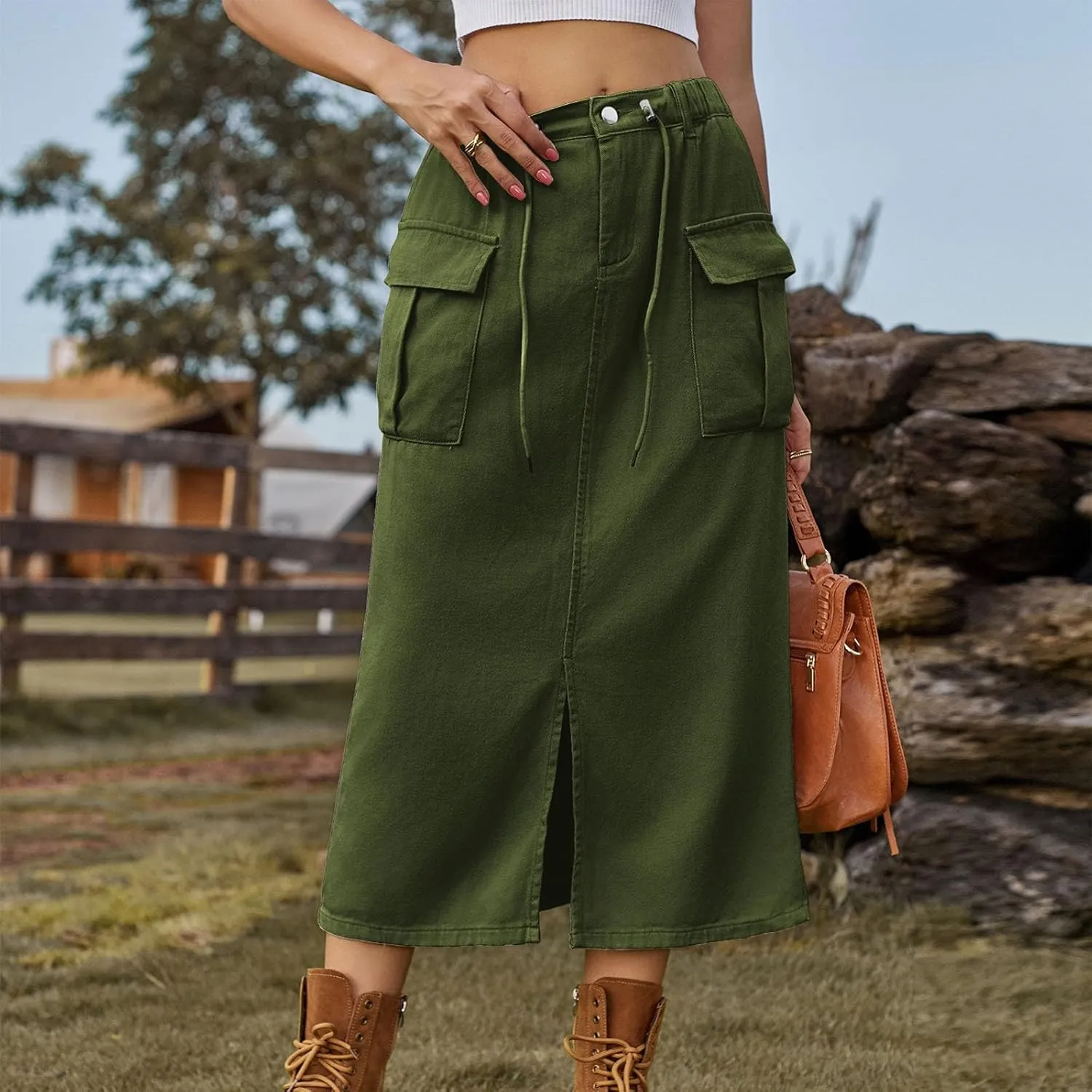 Women's Casual Button Jean Skirt High Waist Stretch Long Denim Skirts Front Slit Elastic Flap Pockets Midi Skirts