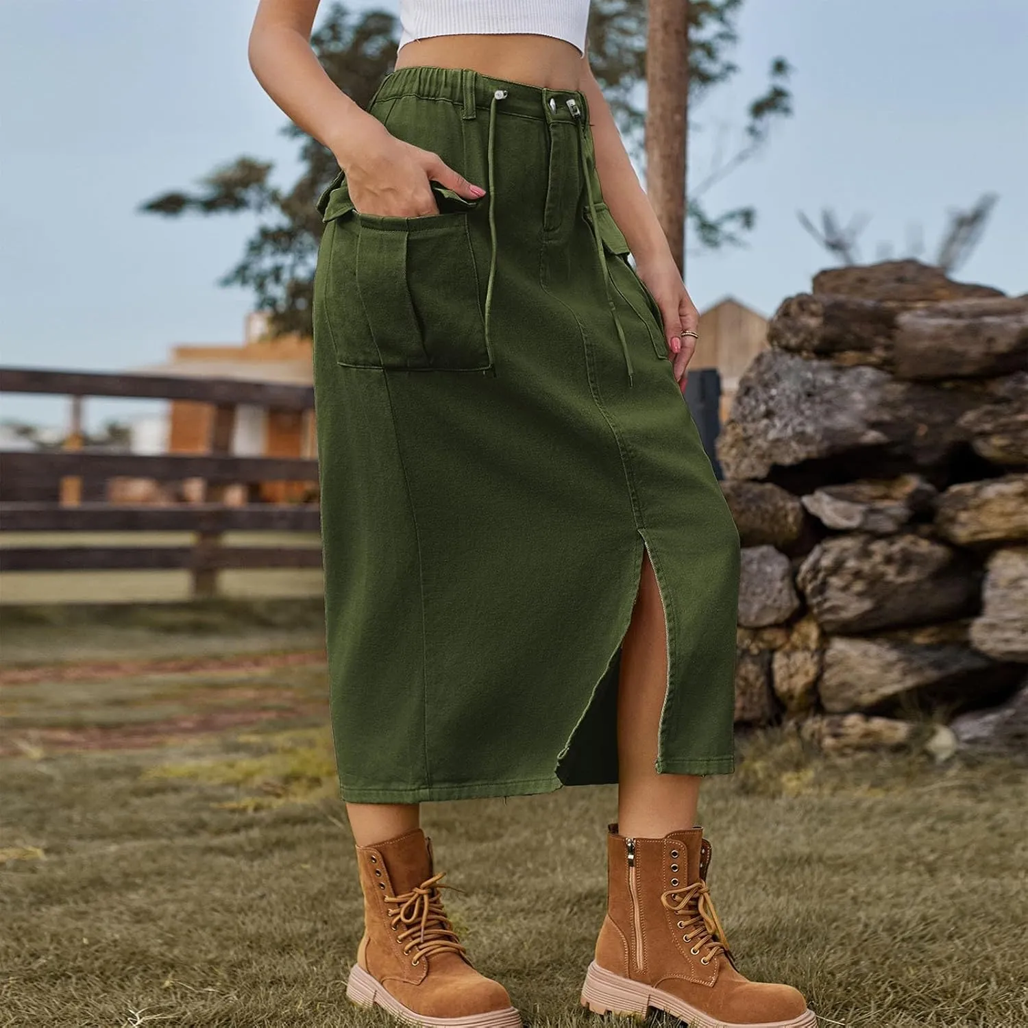 Women's Casual Button Jean Skirt High Waist Stretch Long Denim Skirts Front Slit Elastic Flap Pockets Midi Skirts