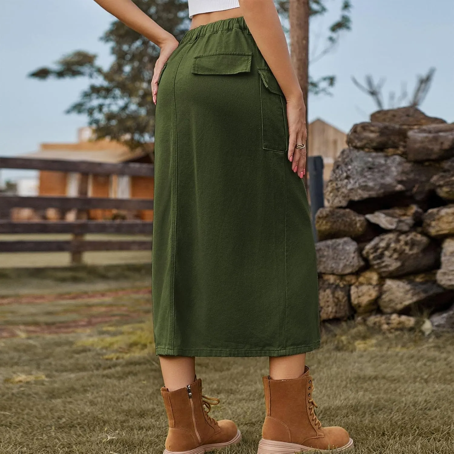Women's Casual Button Jean Skirt High Waist Stretch Long Denim Skirts Front Slit Elastic Flap Pockets Midi Skirts