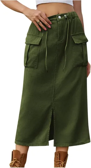 Women's Casual Button Jean Skirt High Waist Stretch Long Denim Skirts Front Slit Elastic Flap Pockets Midi Skirts