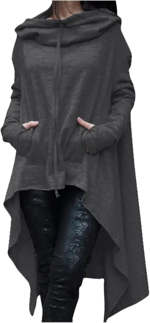 Women's Casual Hoodies Long Sleeve Sweatshirts with Hood Pocket Fall Sweater Tops High Low Halloween Cloak Goth Clothes
