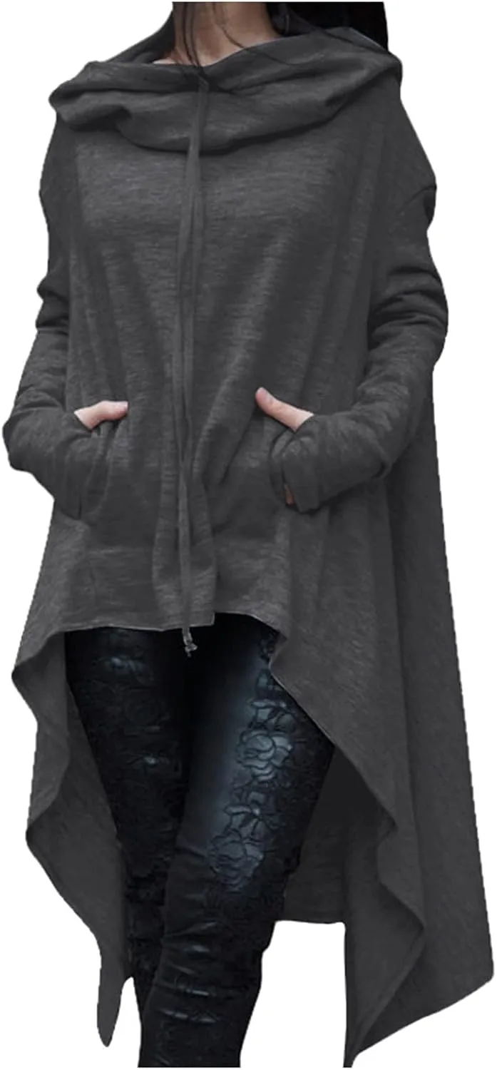 Women's Casual Hoodies Long Sleeve Sweatshirts with Hood Pocket Fall Sweater Tops High Low Halloween Cloak Goth Clothes