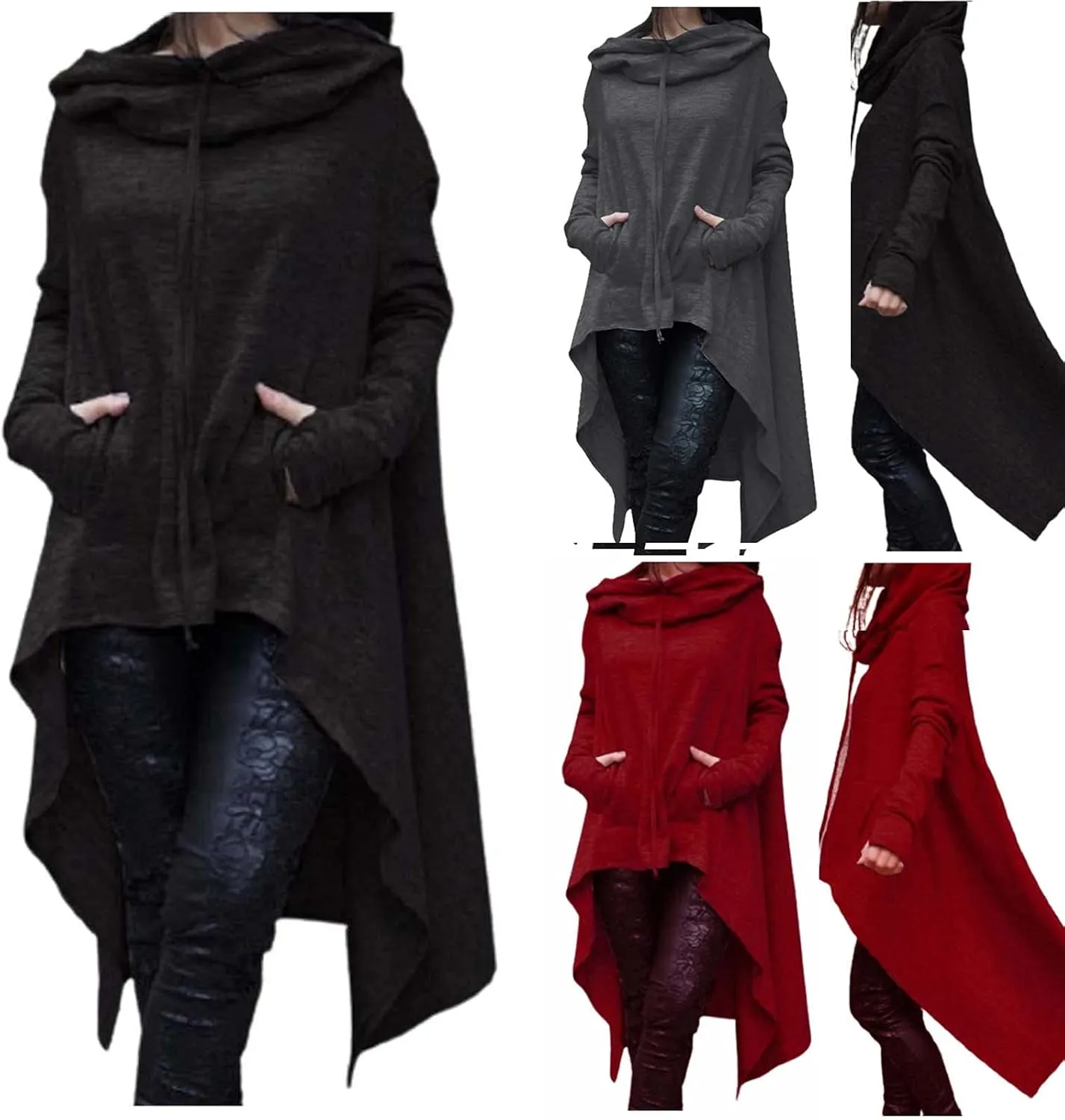 Women's Casual Hoodies Long Sleeve Sweatshirts with Hood Pocket Fall Sweater Tops High Low Halloween Cloak Goth Clothes