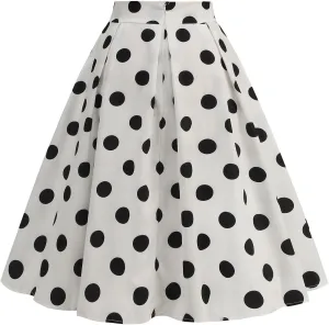 Women's Casual Midi Skater Skirt Polka Dot Print Pleated Flowy Tunic Skirts Cocktail Rockabilly Cute Prom Skirts