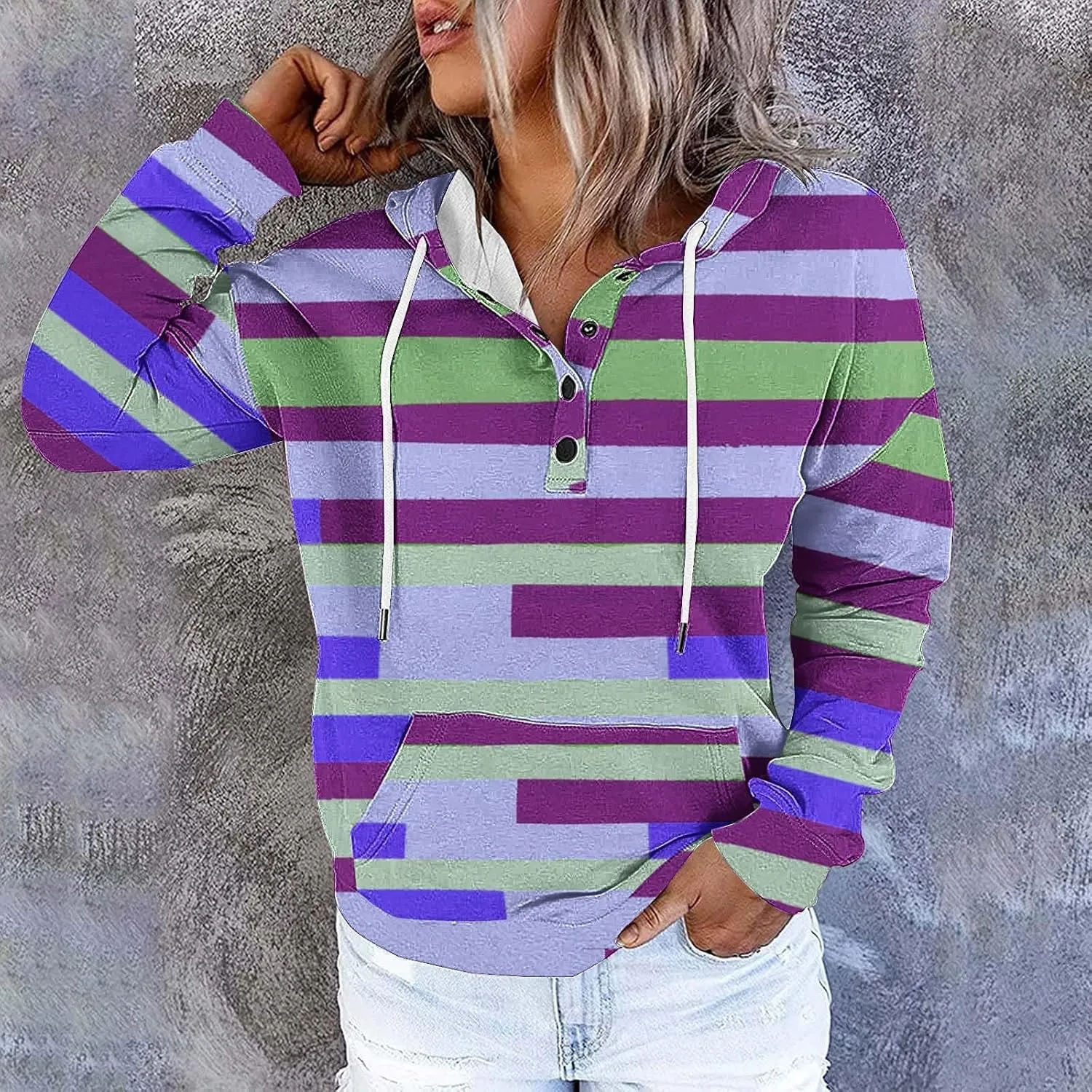 Women's Casual Striped Printed Hoodies Tops Button Pocket Long Sleeve Hooded Sweatshirts Fall Pullover Tops