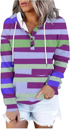 Women's Casual Striped Printed Hoodies Tops Button Pocket Long Sleeve Hooded Sweatshirts Fall Pullover Tops