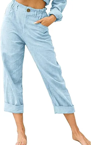 Womens Casual Summer Cotton Linen Pants Elastic Waist Straight Leg Capris Pant Cropped Lounge Trousers with Pockets