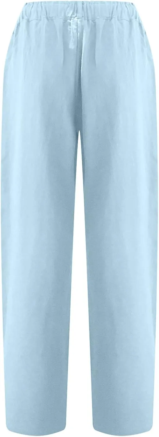 Womens Casual Summer Cotton Linen Pants Elastic Waist Straight Leg Capris Pant Cropped Lounge Trousers with Pockets