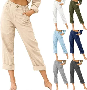 Womens Casual Summer Cotton Linen Pants Elastic Waist Straight Leg Capris Pant Cropped Lounge Trousers with Pockets