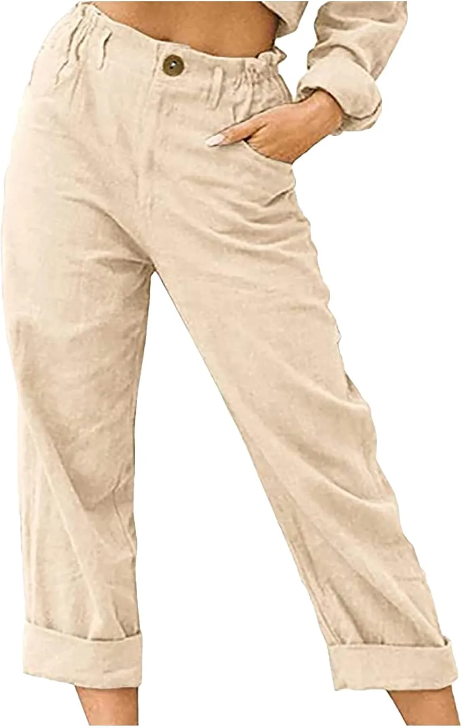 Womens Casual Summer Cotton Linen Pants Elastic Waist Straight Leg Capris Pant Cropped Lounge Trousers with Pockets