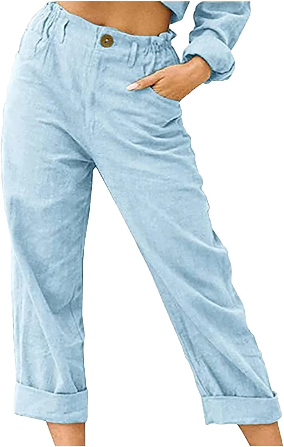 Womens Casual Summer Cotton Linen Pants Elastic Waist Straight Leg Capris Pant Cropped Lounge Trousers with Pockets