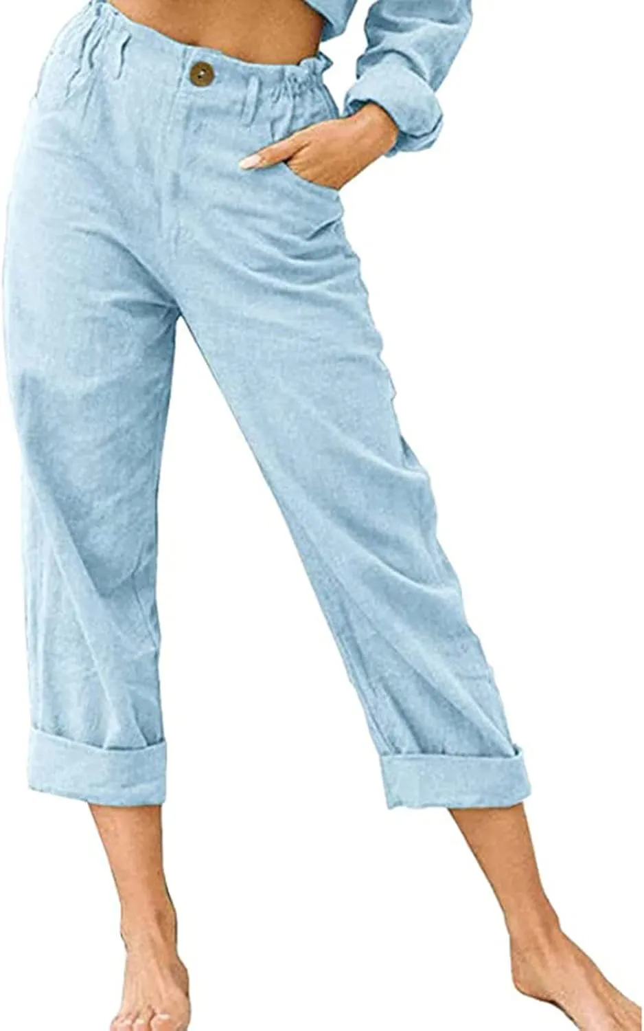 Womens Casual Summer Cotton Linen Pants Elastic Waist Straight Leg Capris Pant Cropped Lounge Trousers with Pockets