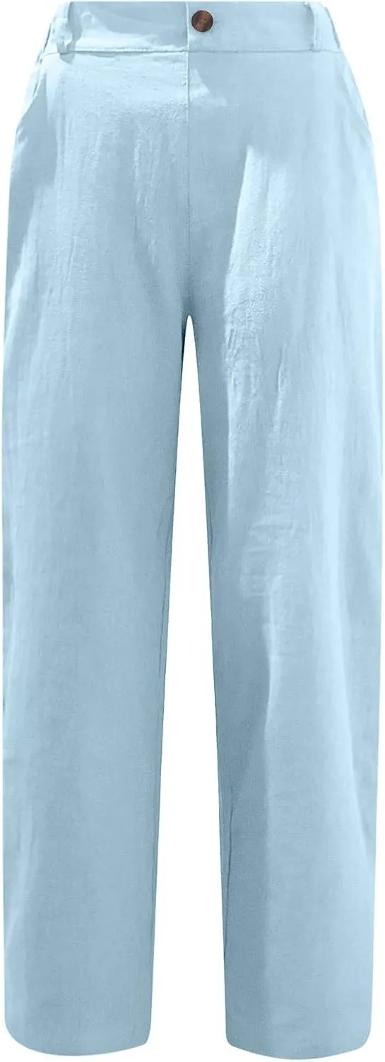 Womens Casual Summer Cotton Linen Pants Elastic Waist Straight Leg Capris Pant Cropped Lounge Trousers with Pockets
