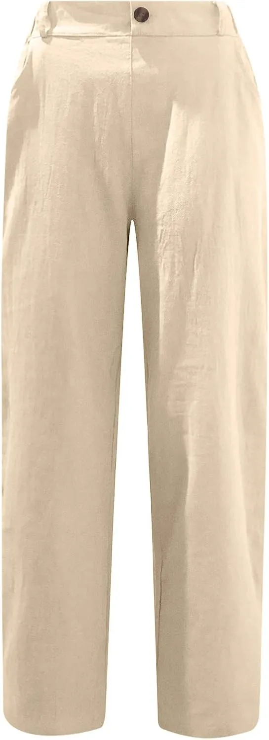 Womens Casual Summer Cotton Linen Pants Elastic Waist Straight Leg Capris Pant Cropped Lounge Trousers with Pockets