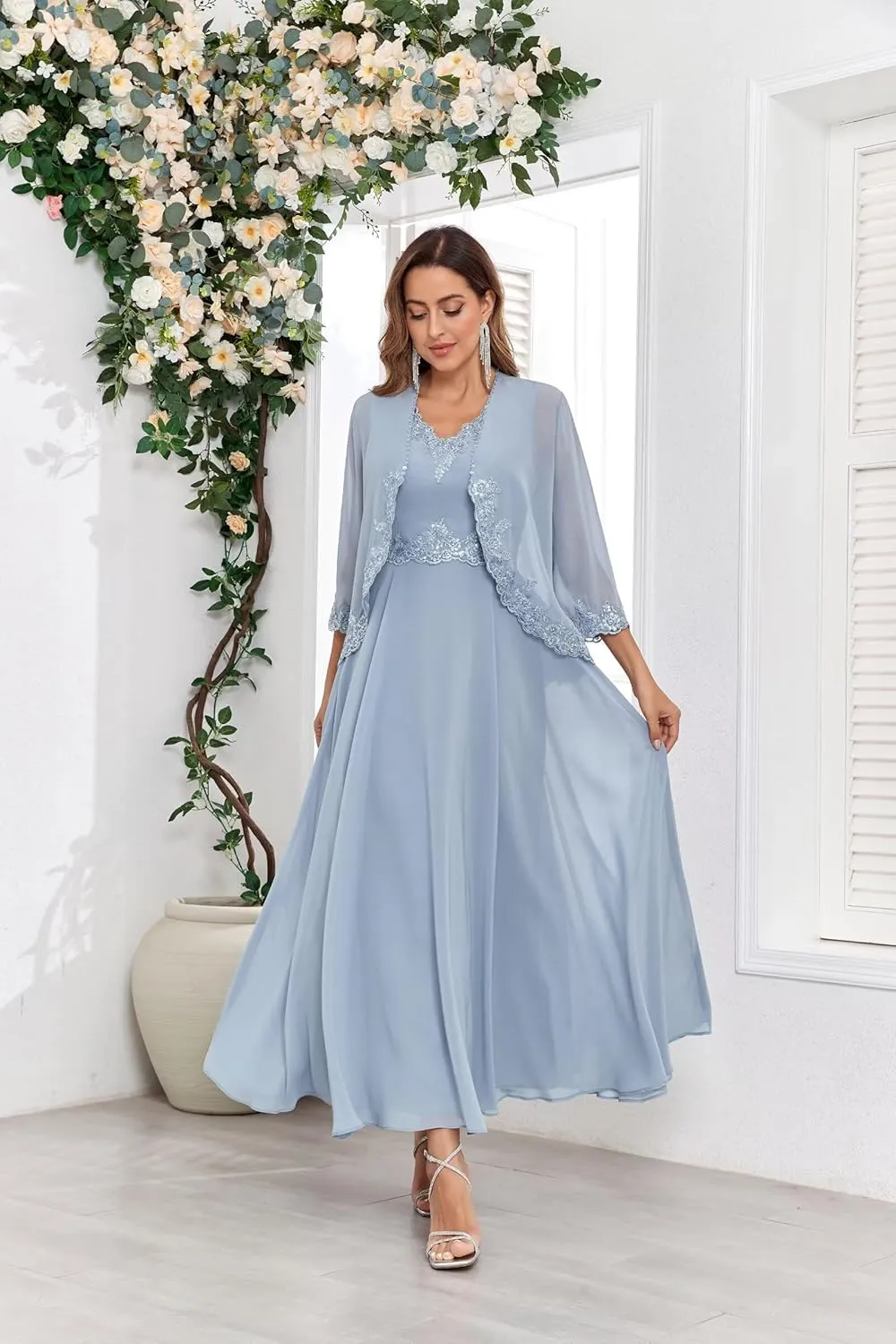 Women's Chiffon Mother of The Bride Dresses with Jackets for Wddding Ankle Length Lace 2 Piece Formal Dress
