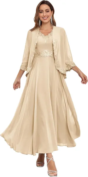 Women's Chiffon Mother of The Bride Dresses with Jackets for Wddding Ankle Length Lace 2 Piece Formal Dress
