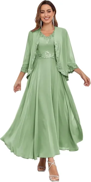 Women's Chiffon Mother of The Bride Dresses with Jackets for Wddding Ankle Length Lace 2 Piece Formal Dress