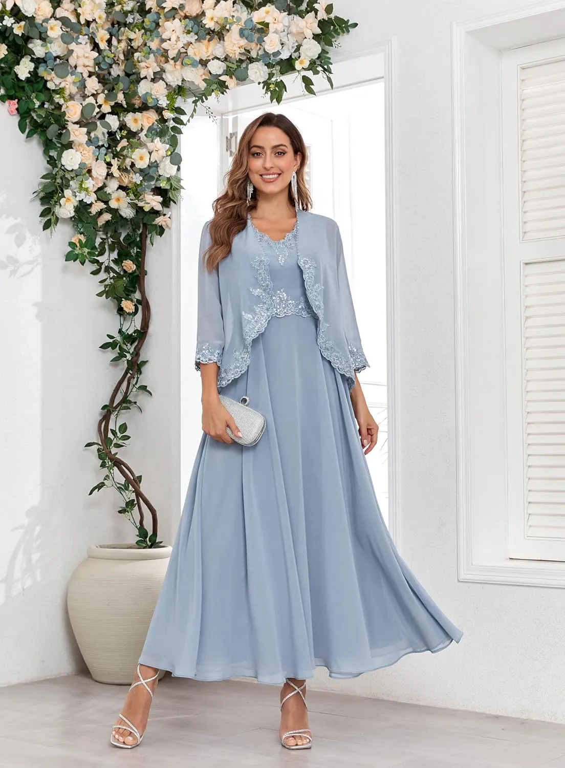 Women's Chiffon Mother of The Bride Dresses with Jackets for Wddding Ankle Length Lace 2 Piece Formal Dress