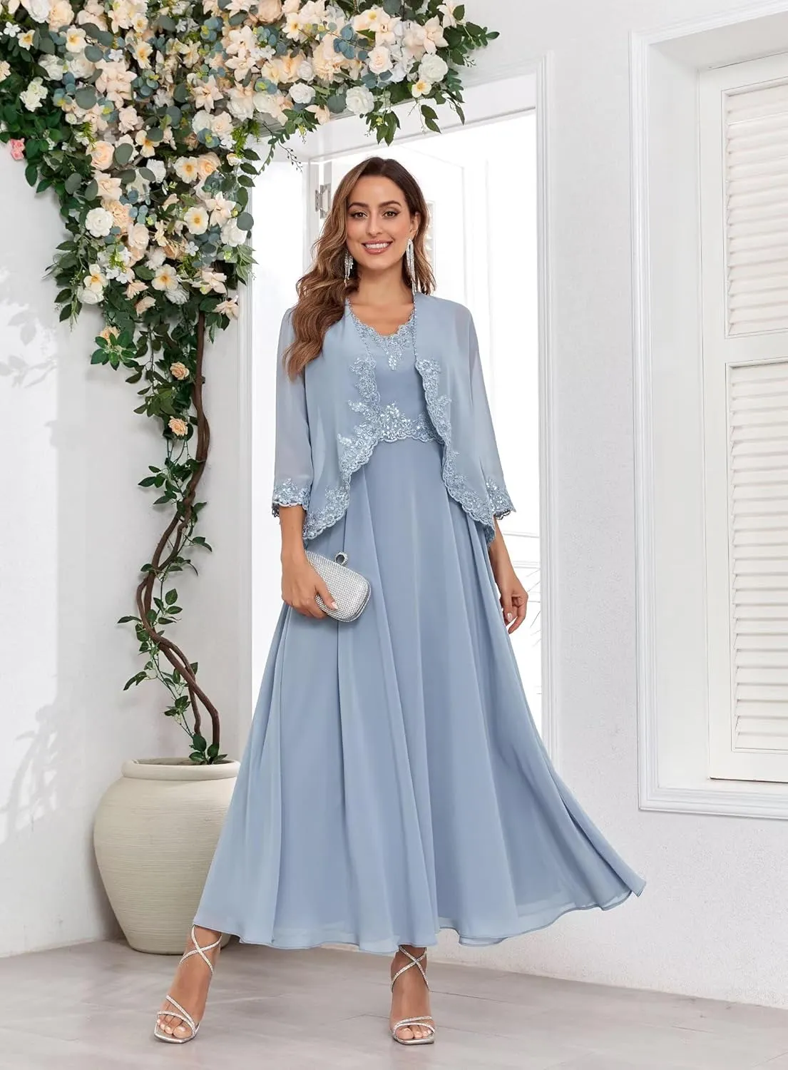 Women's Chiffon Mother of The Bride Dresses with Jackets for Wddding Ankle Length Lace 2 Piece Formal Dress