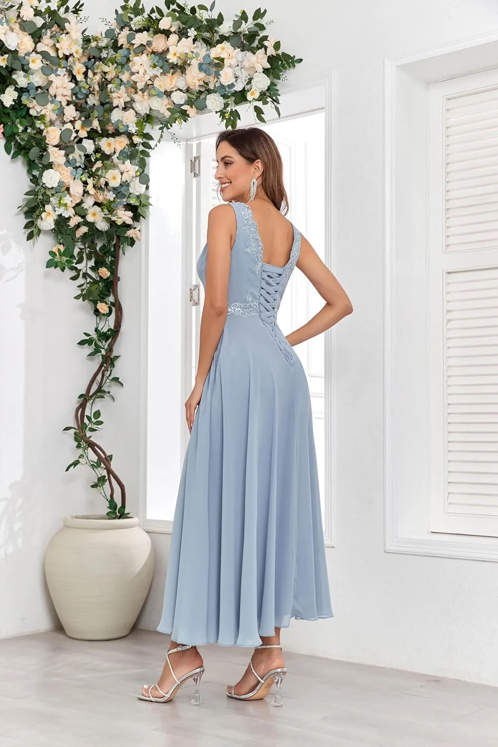 Women's Chiffon Mother of The Bride Dresses with Jackets for Wddding Ankle Length Lace 2 Piece Formal Dress