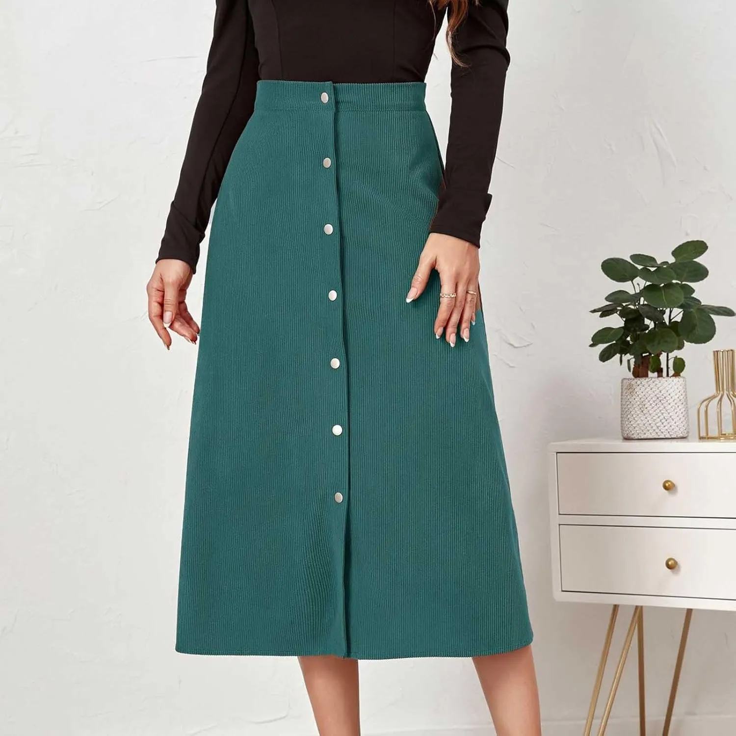 Women's Corduroy High Waisted Button Maxi Skirts A Line Slim Solid Single Breasted Midi Skirts for Fall Winter Spring