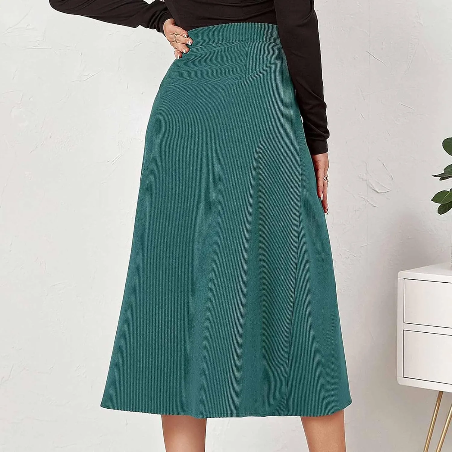 Women's Corduroy High Waisted Button Maxi Skirts A Line Slim Solid Single Breasted Midi Skirts for Fall Winter Spring