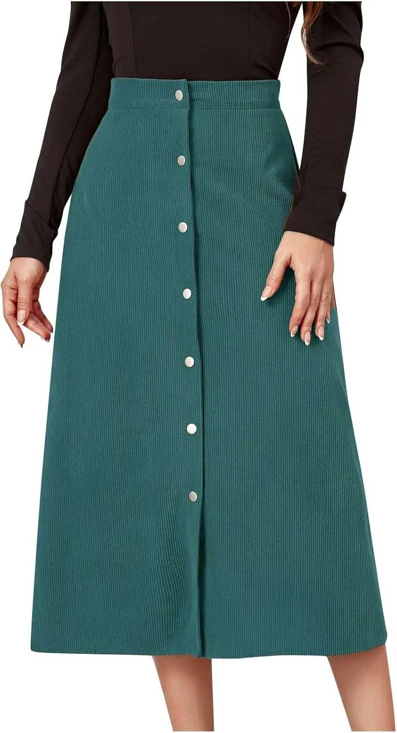 Women's Corduroy High Waisted Button Maxi Skirts A Line Slim Solid Single Breasted Midi Skirts for Fall Winter Spring