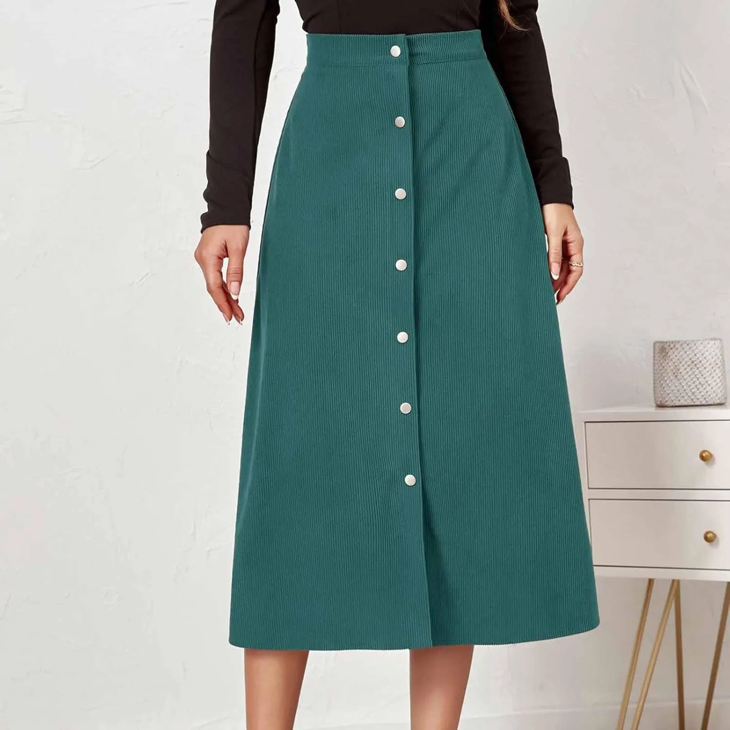 Women's Corduroy High Waisted Button Maxi Skirts A Line Slim Solid Single Breasted Midi Skirts for Fall Winter Spring