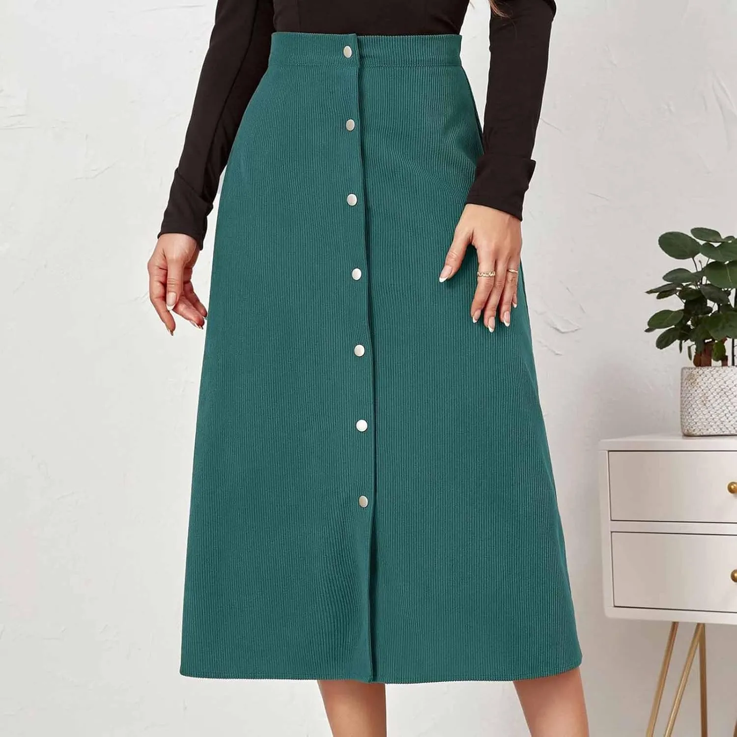 Women's Corduroy High Waisted Button Maxi Skirts A Line Slim Solid Single Breasted Midi Skirts for Fall Winter Spring