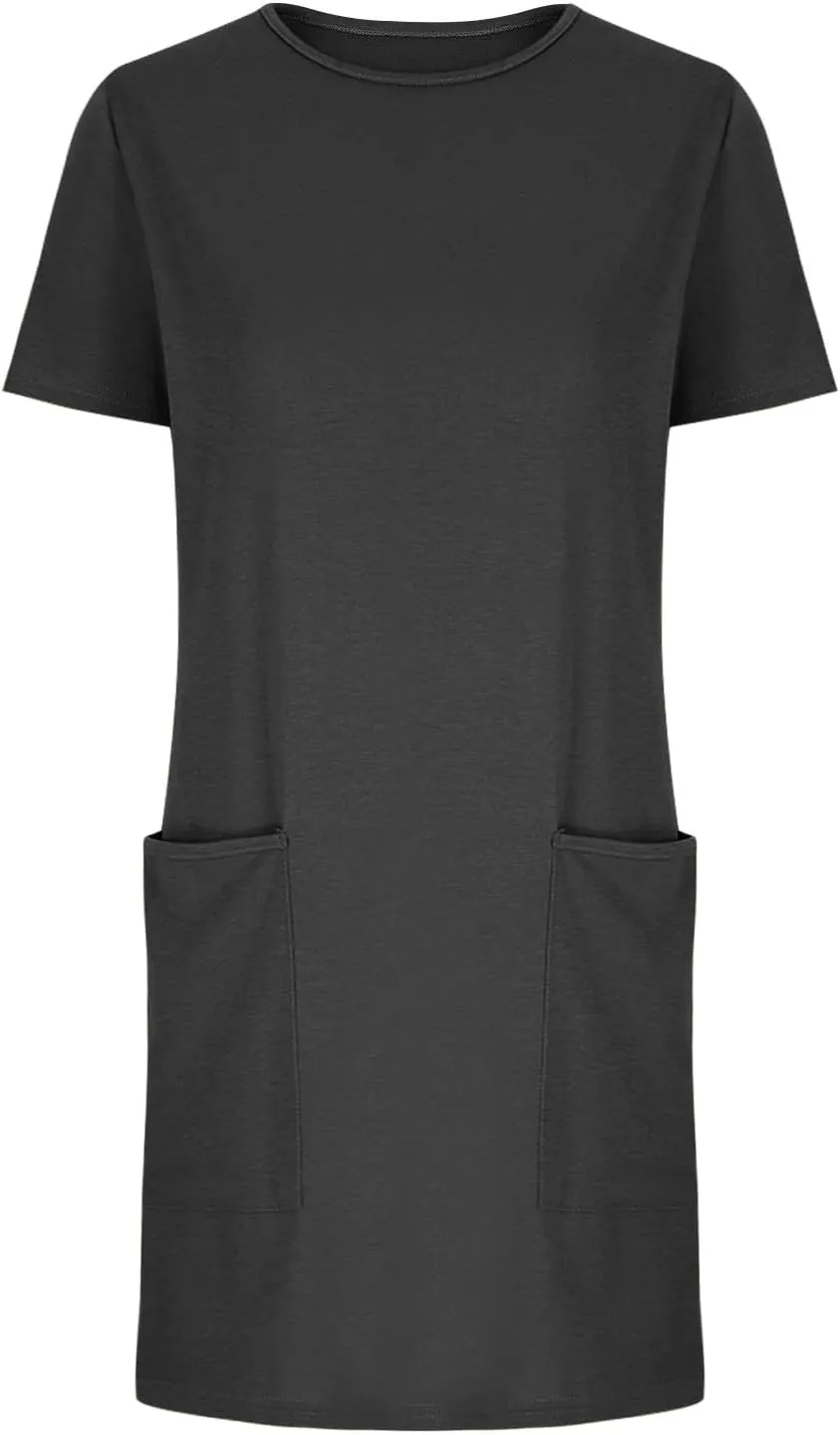 Womens Crewneck Summer Casual Sundress Simple Solid Color T Shirt Dress Comfy Loose Fit Beach Dress with Pockets