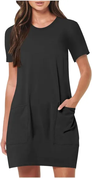 Womens Crewneck Summer Casual Sundress Simple Solid Color T Shirt Dress Comfy Loose Fit Beach Dress with Pockets