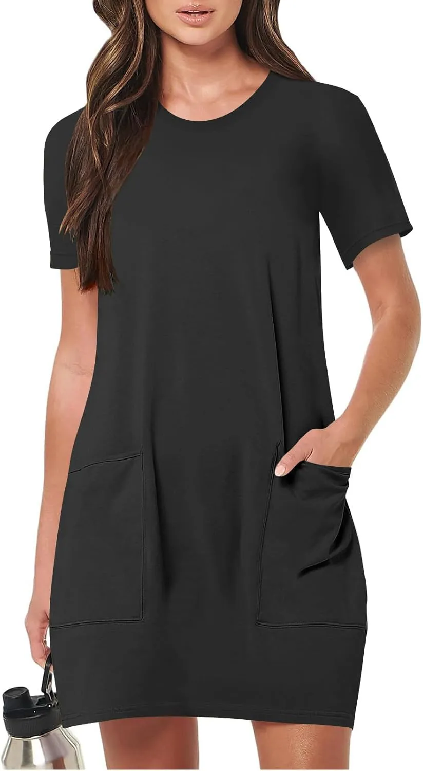 Womens Crewneck Summer Casual Sundress Simple Solid Color T Shirt Dress Comfy Loose Fit Beach Dress with Pockets