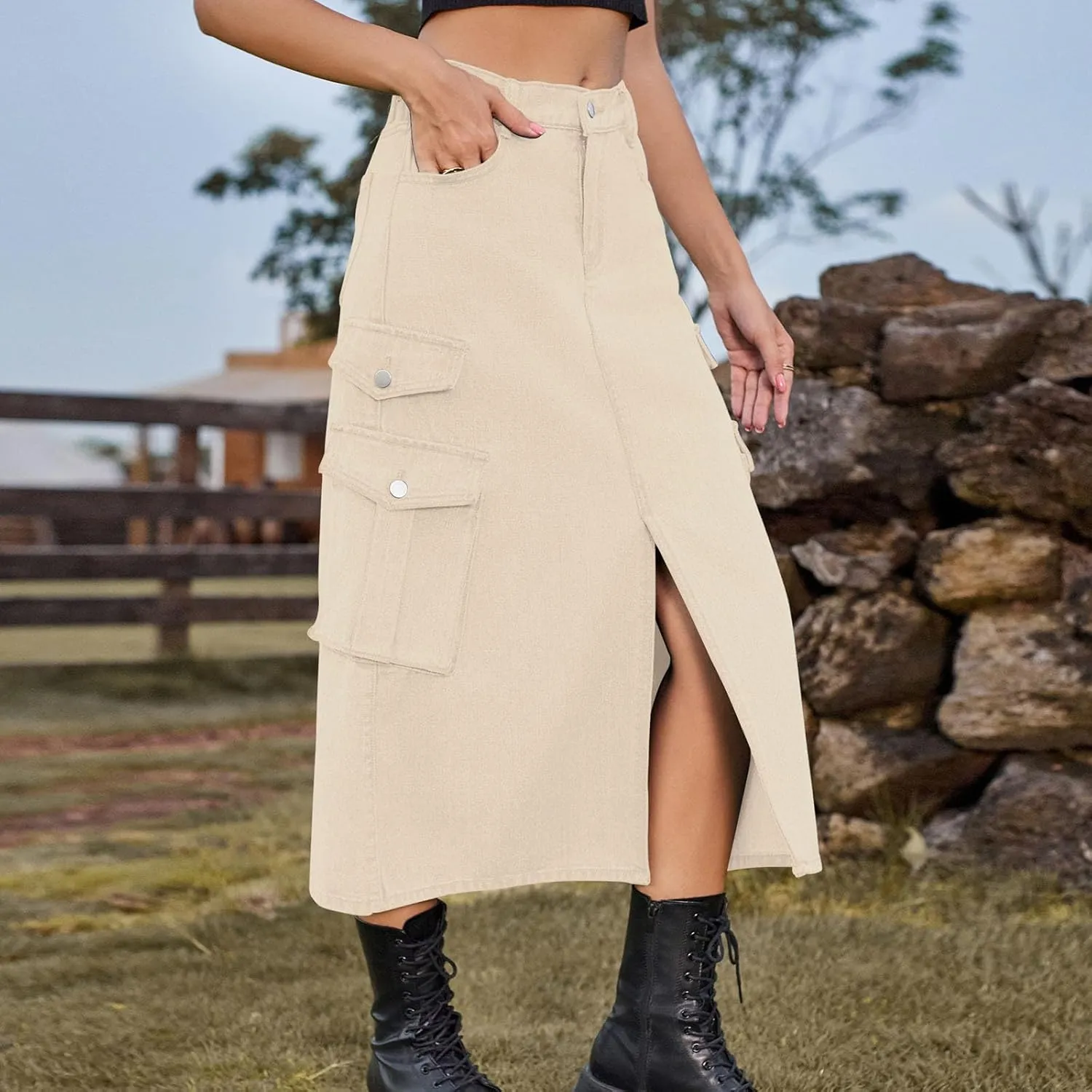 Womens Denim Midi Skirts Split Front Streetwear Teen Girls Summer Elastic Waisted Long Cargo Jean Skirt with 6 Pockets