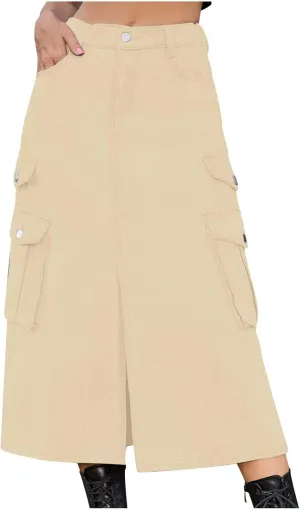 Womens Denim Midi Skirts Split Front Streetwear Teen Girls Summer Elastic Waisted Long Cargo Jean Skirt with 6 Pockets