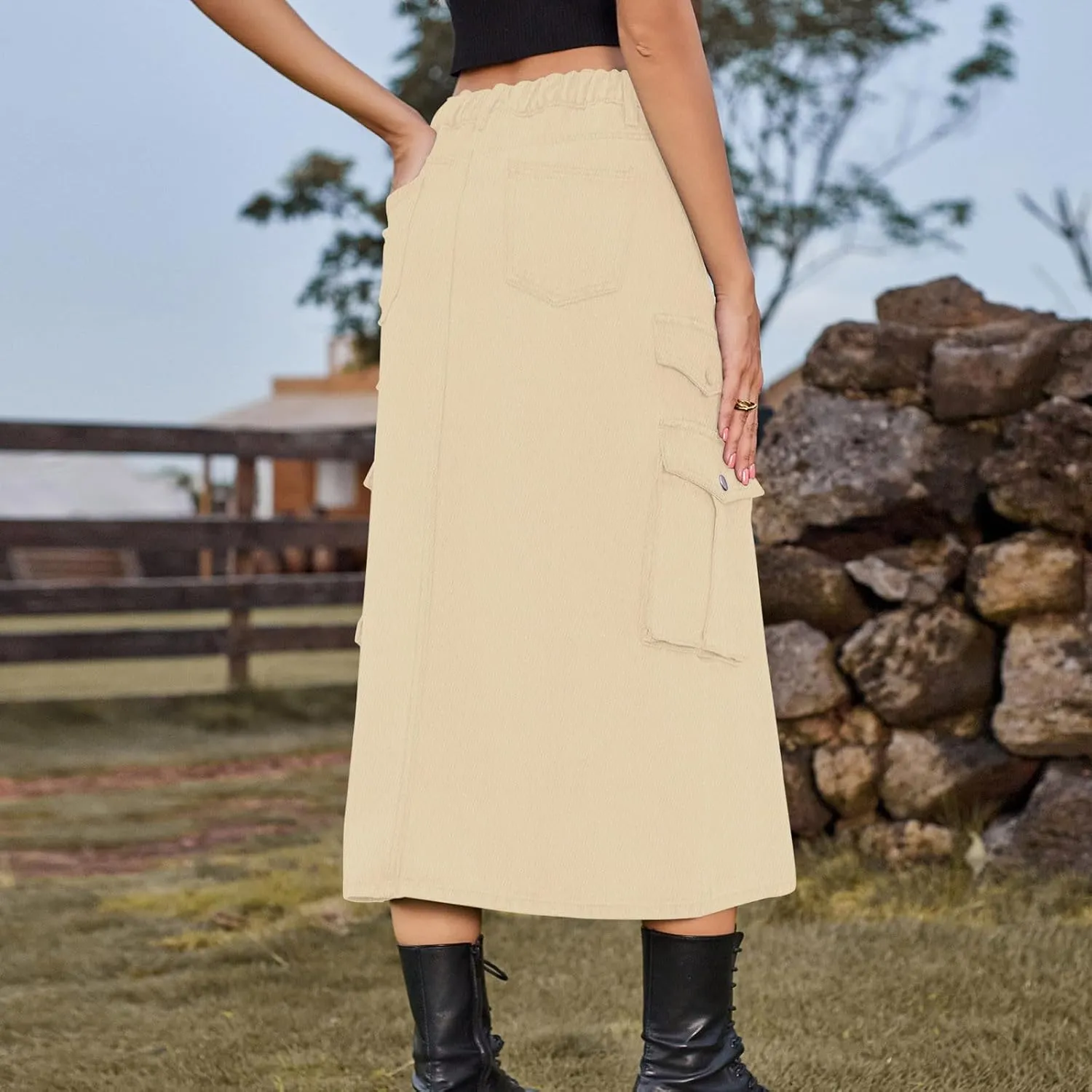 Womens Denim Midi Skirts Split Front Streetwear Teen Girls Summer Elastic Waisted Long Cargo Jean Skirt with 6 Pockets
