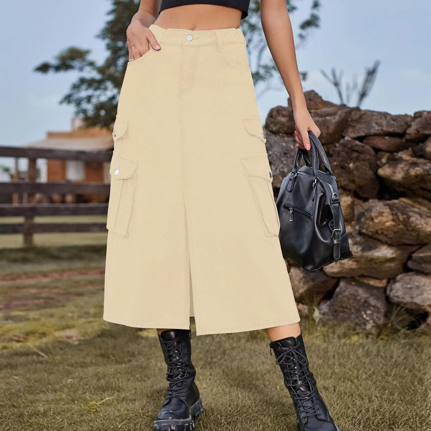 Womens Denim Midi Skirts Split Front Streetwear Teen Girls Summer Elastic Waisted Long Cargo Jean Skirt with 6 Pockets