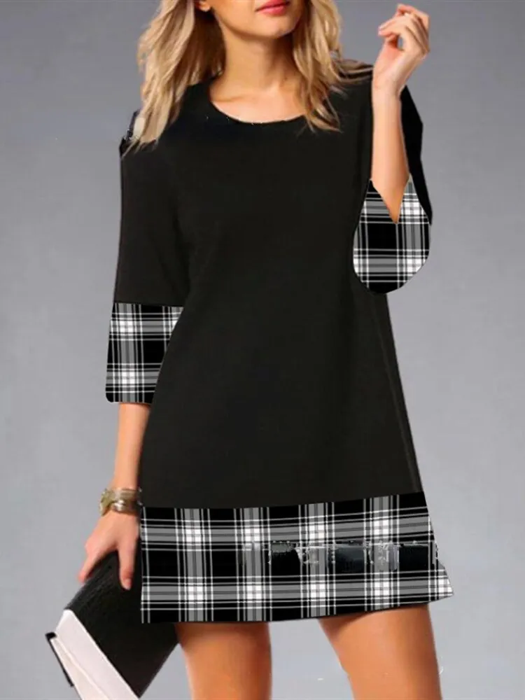 Women's Elegant Loose Dresses Spring Summer 2023 Fashion Plaid Patchwork Dresses Slim Dress Fancy Women's Dress 	Woman Clothing
