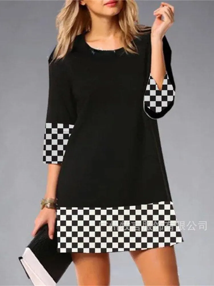 Women's Elegant Loose Dresses Spring Summer 2023 Fashion Plaid Patchwork Dresses Slim Dress Fancy Women's Dress 	Woman Clothing