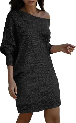 Women's Elegant Sexy One Shoulder Long Sleeve Midi Dress Solid Color Sequins Prom Party Cocktail Dresses, S-3XL