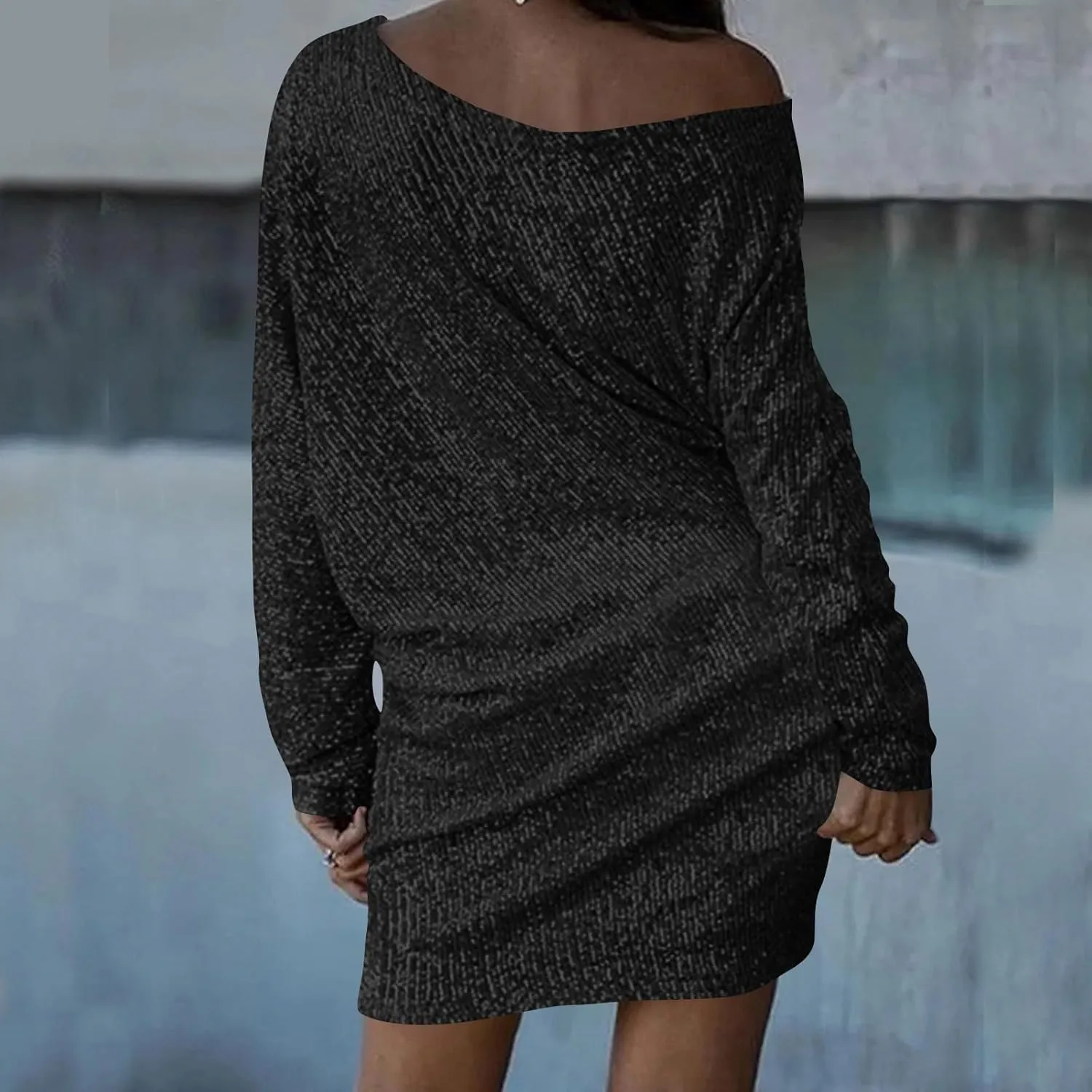 Women's Elegant Sexy One Shoulder Long Sleeve Midi Dress Solid Color Sequins Prom Party Cocktail Dresses, S-3XL