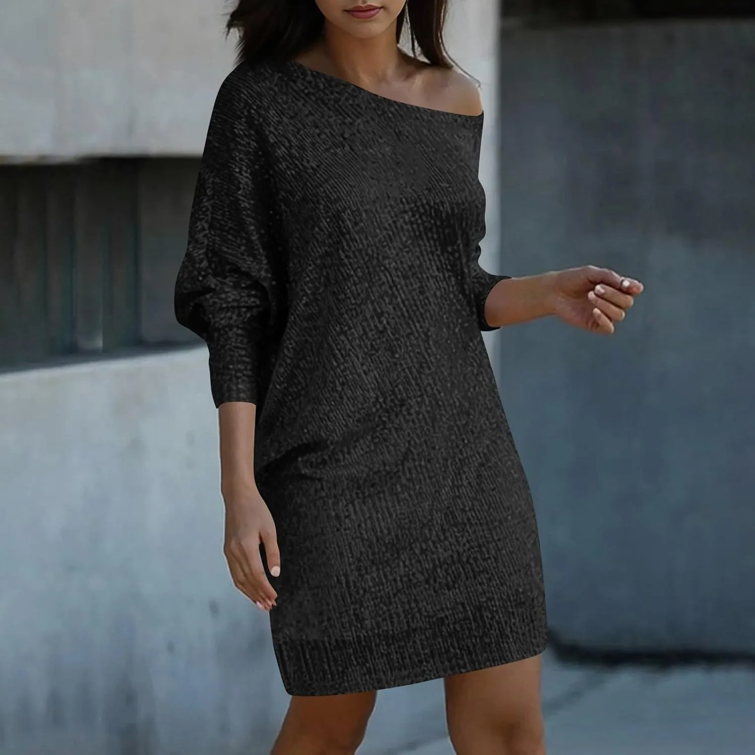 Women's Elegant Sexy One Shoulder Long Sleeve Midi Dress Solid Color Sequins Prom Party Cocktail Dresses, S-3XL