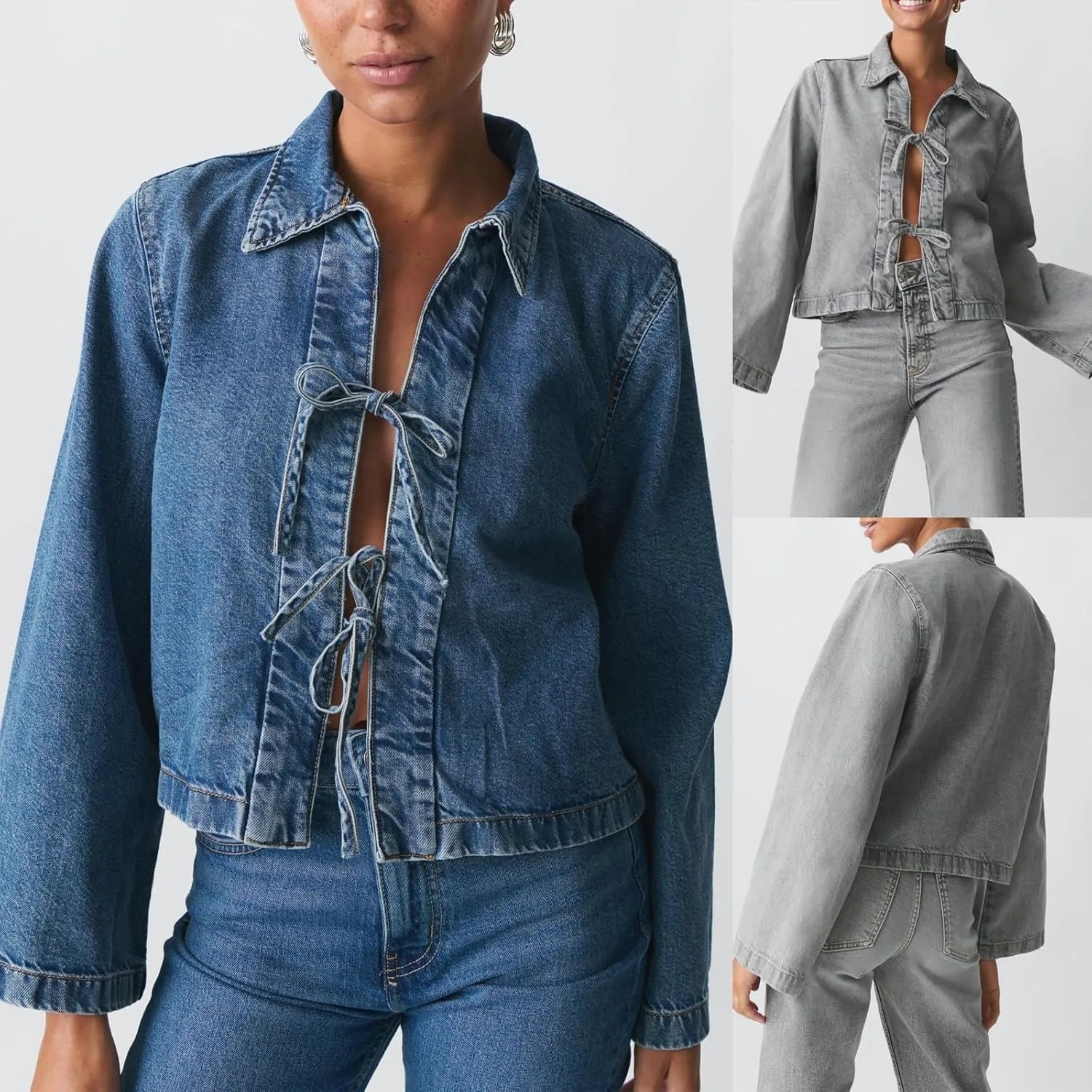 Womens Fashion Denim Jacket Coat Tie Front Lapel Long Sleeve Shirt Denim Jacket Y2k Clothes