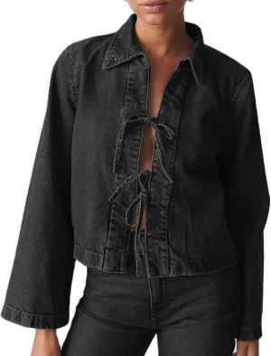 Womens Fashion Denim Jacket Coat Tie Front Lapel Long Sleeve Shirt Denim Jacket Y2k Clothes