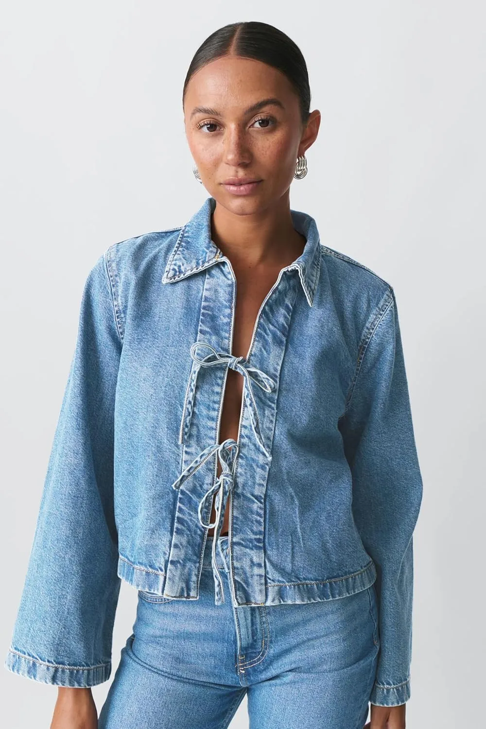 Womens Fashion Denim Jacket Coat Tie Front Lapel Long Sleeve Shirt Denim Jacket Y2k Clothes