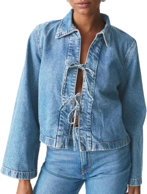 Womens Fashion Denim Jacket Coat Tie Front Lapel Long Sleeve Shirt Denim Jacket Y2k Clothes