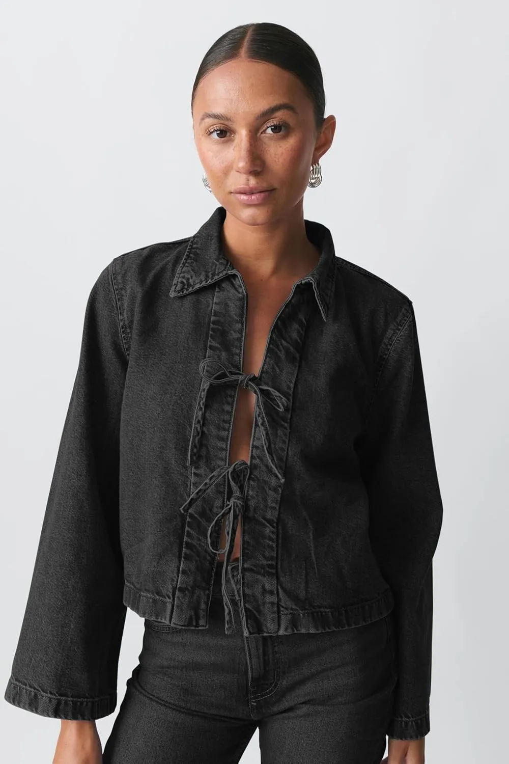 Womens Fashion Denim Jacket Coat Tie Front Lapel Long Sleeve Shirt Denim Jacket Y2k Clothes