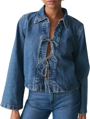 Womens Fashion Denim Jacket Coat Tie Front Lapel Long Sleeve Shirt Denim Jacket Y2k Clothes